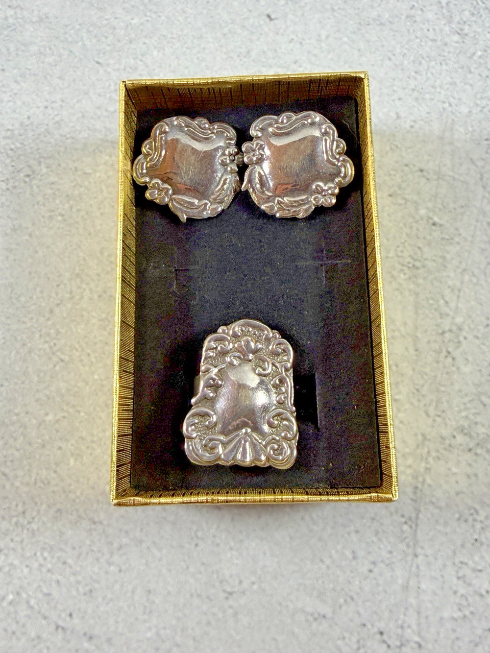 Vintage Sterling Silver Adjustable Size Ring w/Matching Pierced Earrings